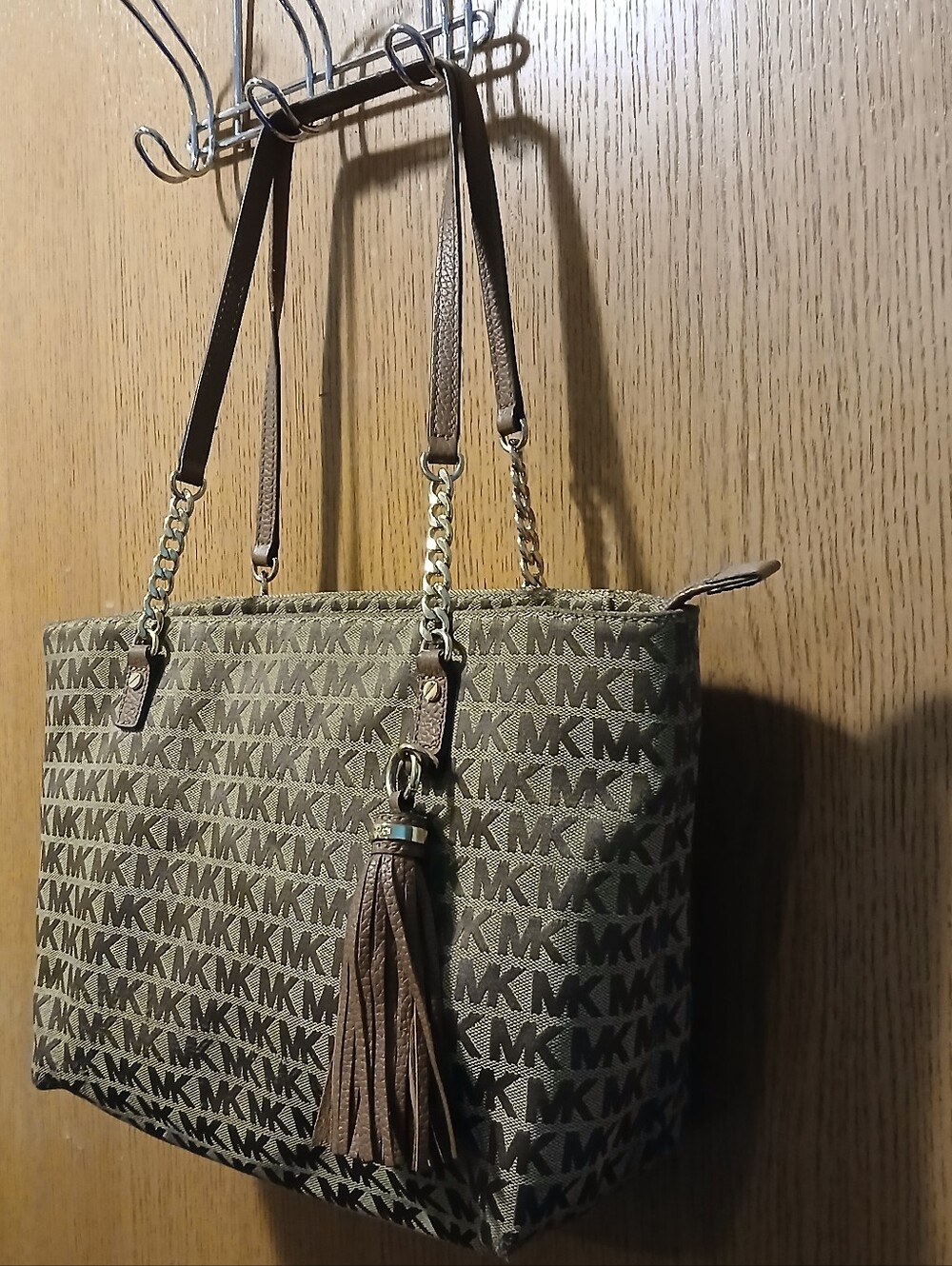 Michael Kors MK Signature Jacquard Tote Bag Brown Tan Tassel Shoulder Handbag